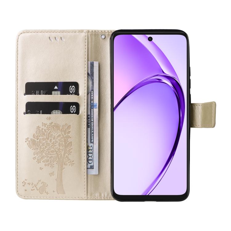 For OPPO A3 4G Global / A60 5G Tree & Cat Embossed Pattern Flip Leather Phone Case