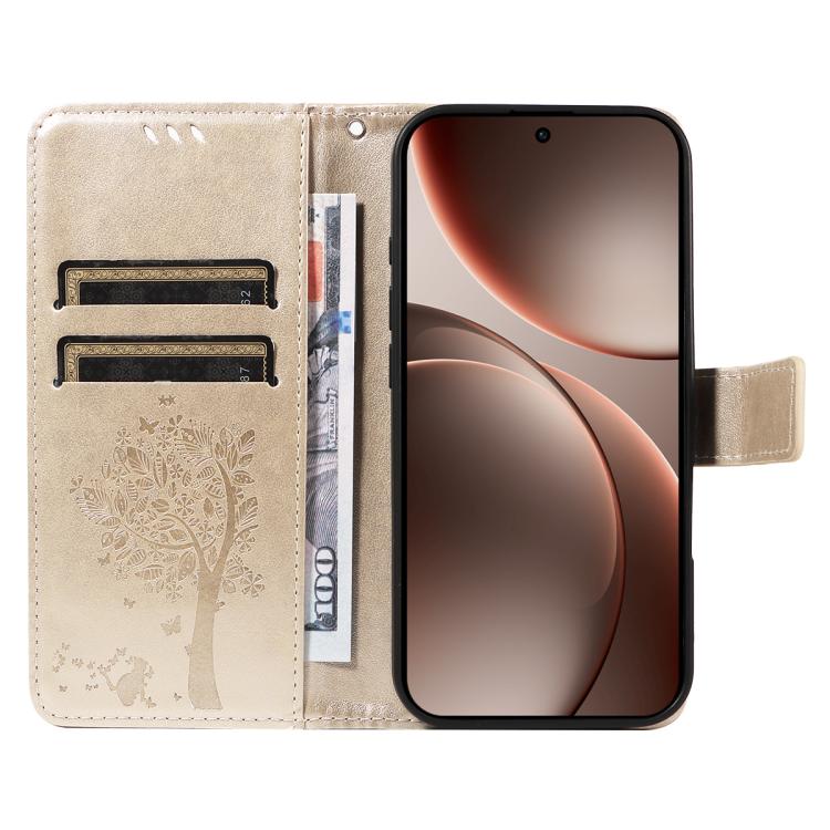 For OPPO Find X9 Pro Tree & Cat Embossed Pattern Flip Leather Phone Case