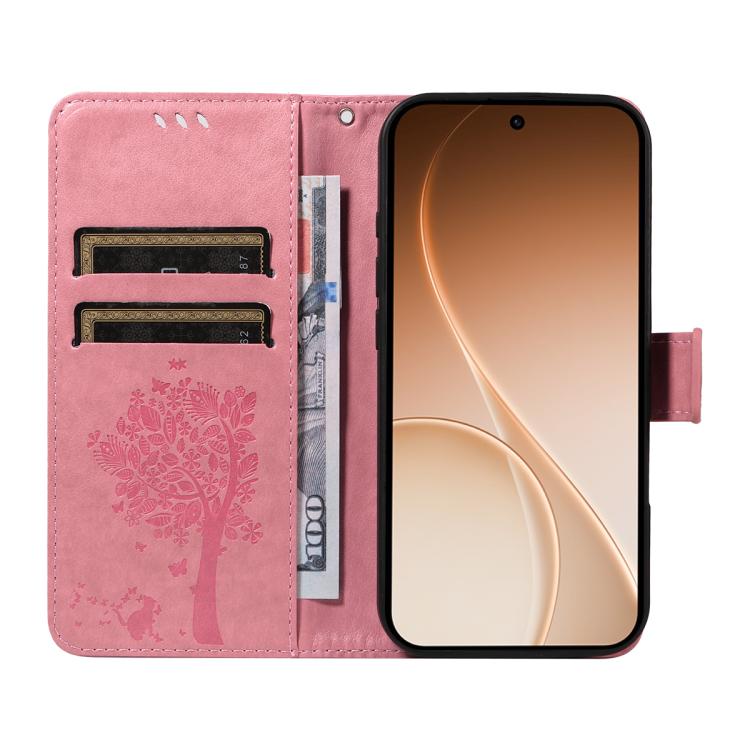 For OPPO Reno15 5G Global Tree & Cat Embossed Pattern Flip Leather Phone Case