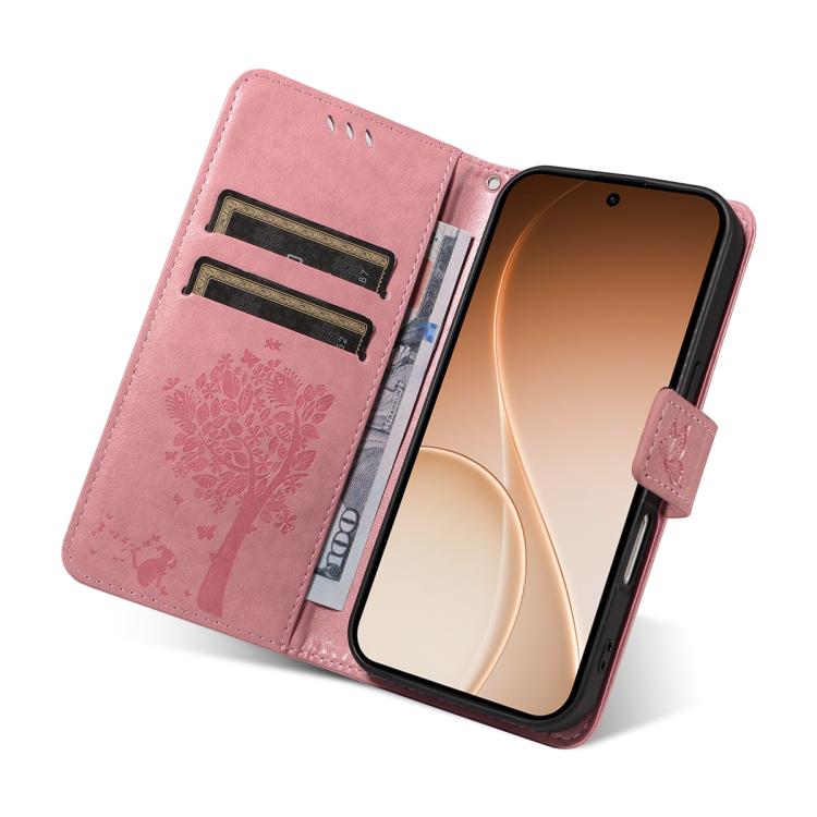 For OPPO Reno15 5G Global Tree & Cat Embossed Pattern Flip Leather Phone Case