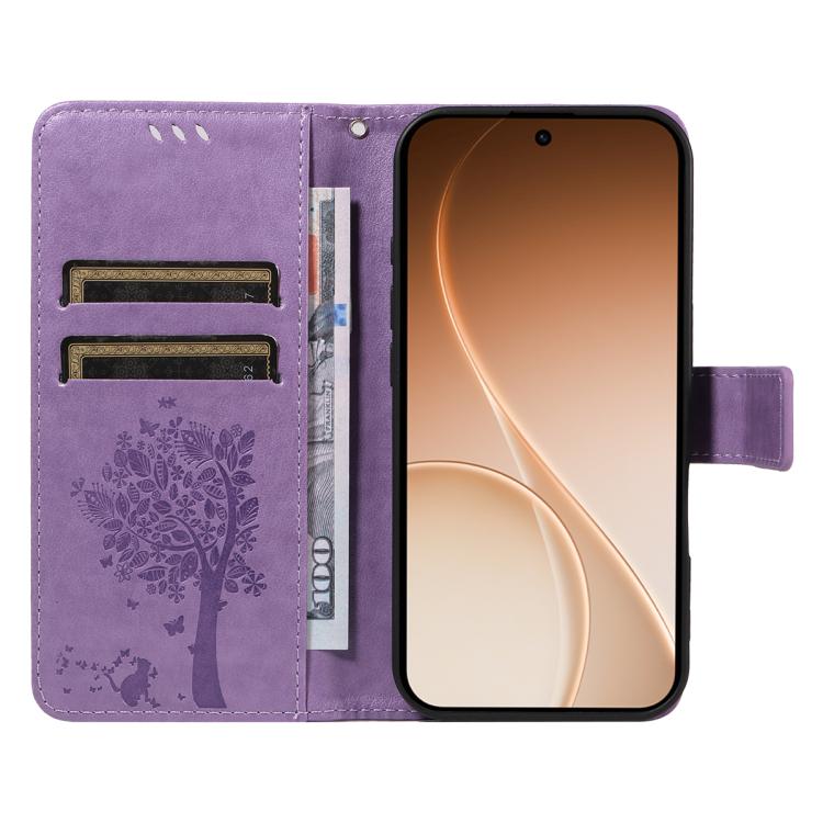 For OPPO Reno15 5G Global Tree & Cat Embossed Pattern Flip Leather Phone Case