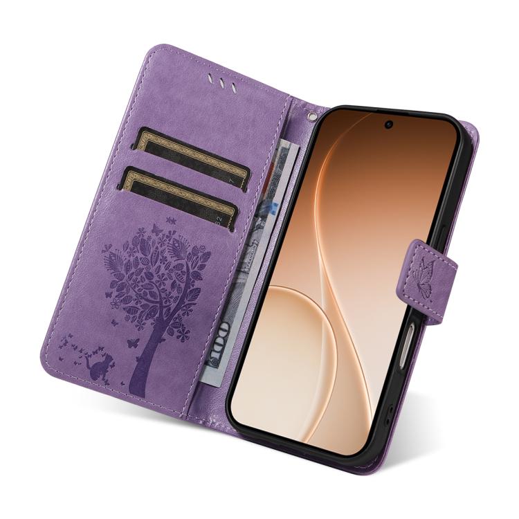 For OPPO Reno15 5G Global Tree & Cat Embossed Pattern Flip Leather Phone Case