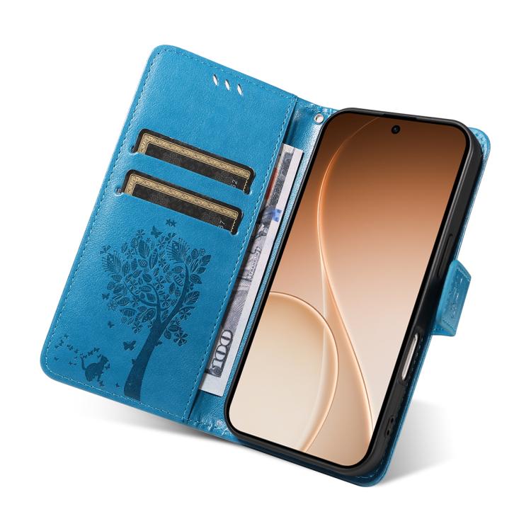 For OPPO Reno15 5G Global Tree & Cat Embossed Pattern Flip Leather Phone Case
