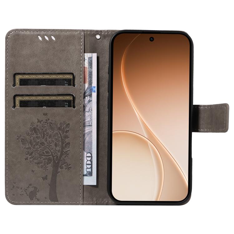 For OPPO Reno15 5G Global Tree & Cat Embossed Pattern Flip Leather Phone Case