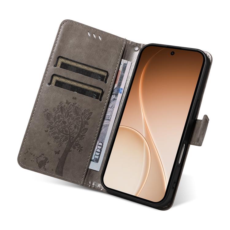 For OPPO Reno15 5G Global Tree & Cat Embossed Pattern Flip Leather Phone Case