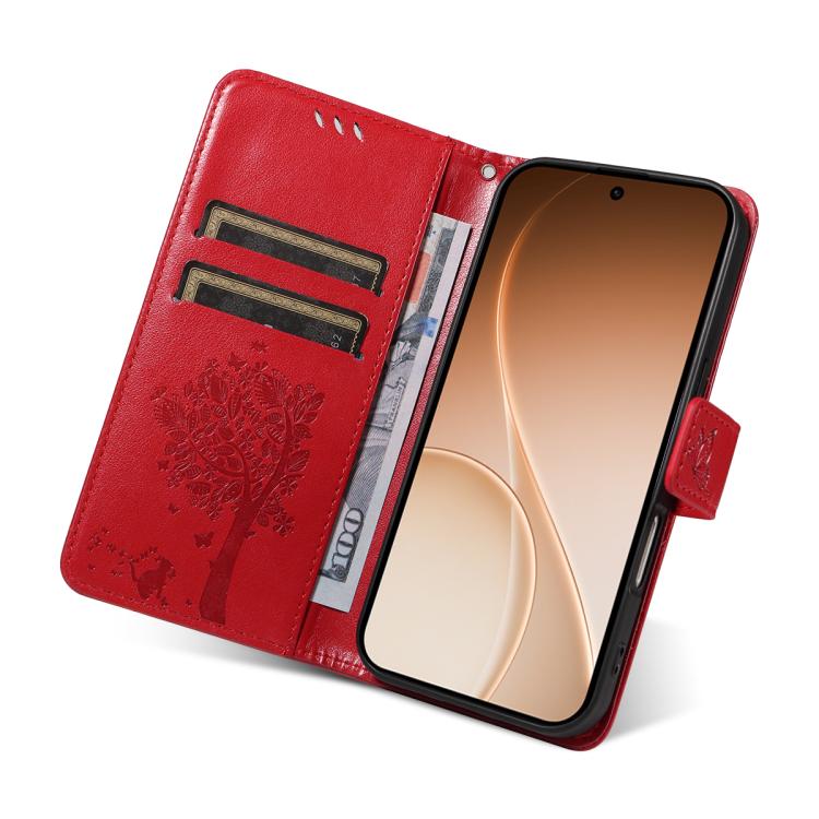For OPPO Reno15 5G Global Tree & Cat Embossed Pattern Flip Leather Phone Case