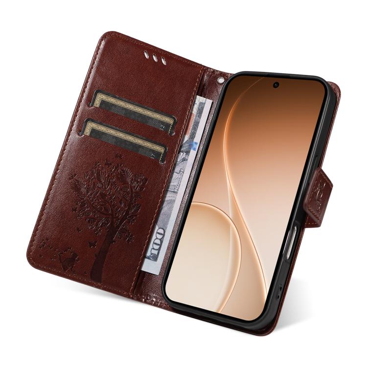 For OPPO Reno15 5G Global Tree & Cat Embossed Pattern Flip Leather Phone Case