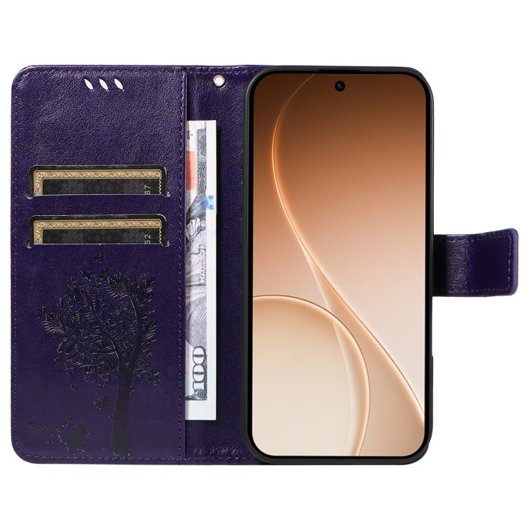 For OPPO Reno15 5G Global Tree & Cat Embossed Pattern Flip Leather Phone Case
