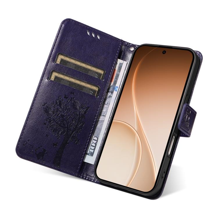For OPPO Reno15 5G Global Tree & Cat Embossed Pattern Flip Leather Phone Case