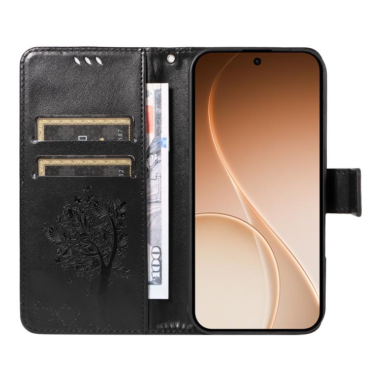 For OPPO Reno15 5G Global Tree & Cat Embossed Pattern Flip Leather Phone Case