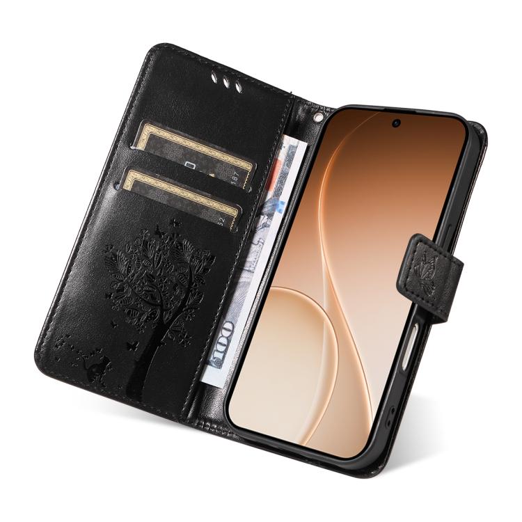 For OPPO Reno15 5G Global Tree & Cat Embossed Pattern Flip Leather Phone Case