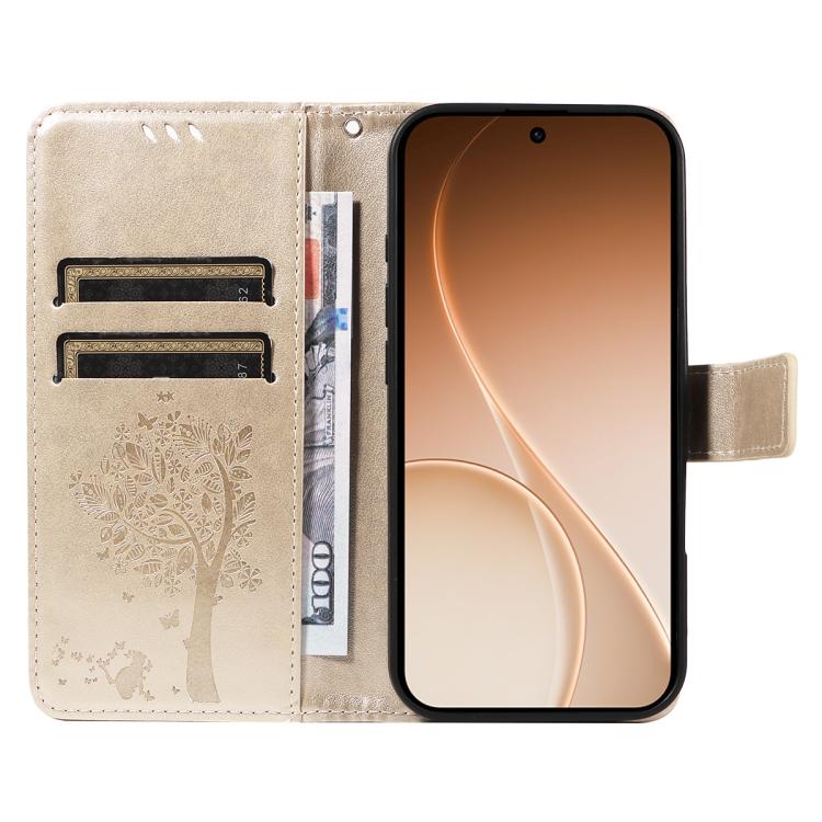 For OPPO Reno15 5G Global Tree & Cat Embossed Pattern Flip Leather Phone Case