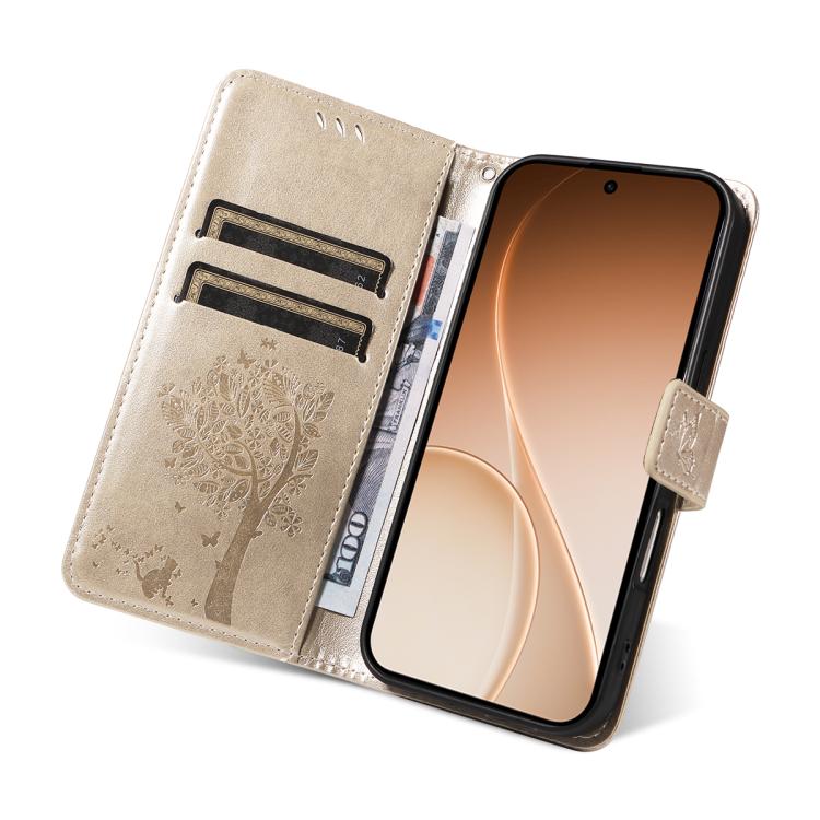 For OPPO Reno15 5G Global Tree & Cat Embossed Pattern Flip Leather Phone Case
