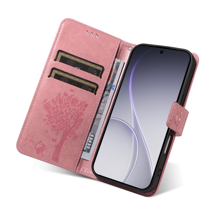 For OPPO Reno15 Pro 5G Global Tree & Cat Embossed Pattern Flip Leather Phone Case