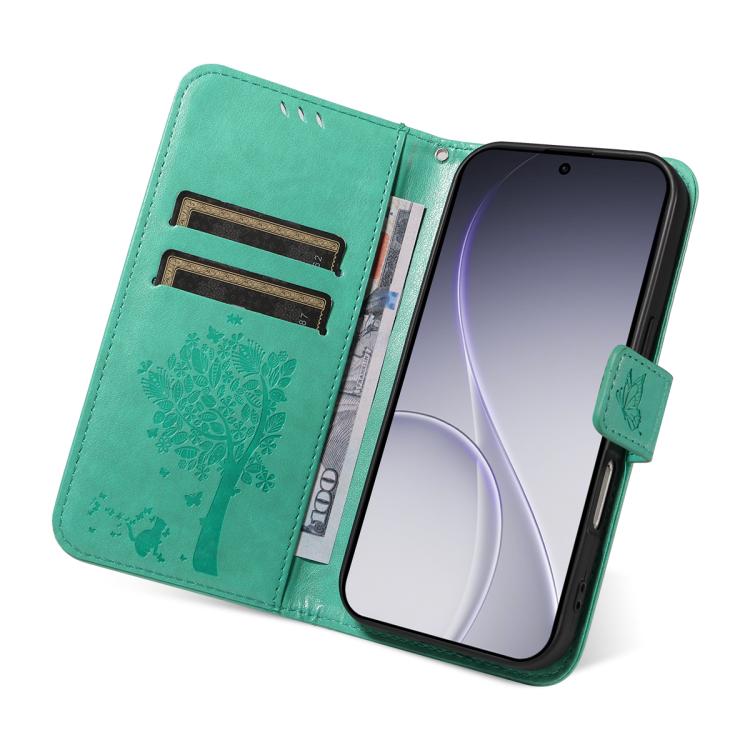 For OPPO Reno15 Pro 5G Global Tree & Cat Embossed Pattern Flip Leather Phone Case