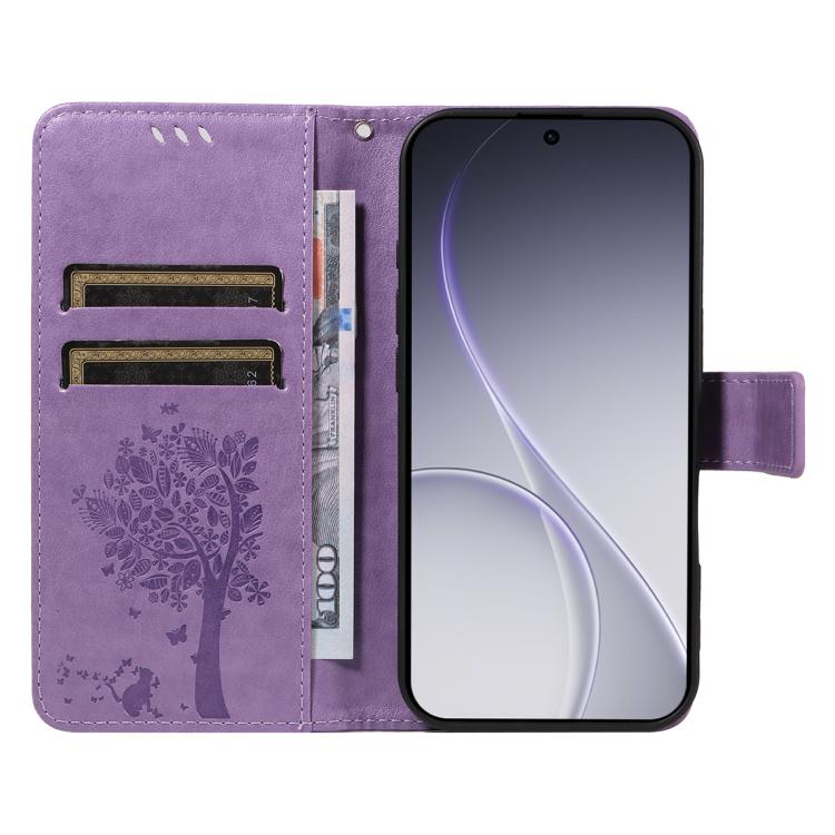 For OPPO Reno15 Pro 5G Global Tree & Cat Embossed Pattern Flip Leather Phone Case