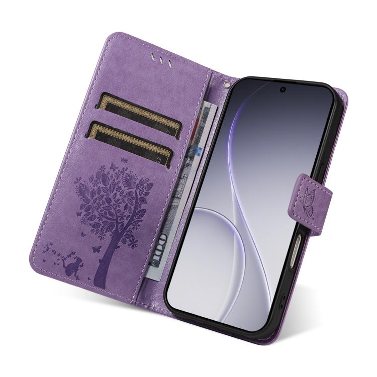 For OPPO Reno15 Pro 5G Global Tree & Cat Embossed Pattern Flip Leather Phone Case