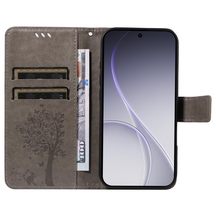 For OPPO Reno15 Pro 5G Global Tree & Cat Embossed Pattern Flip Leather Phone Case