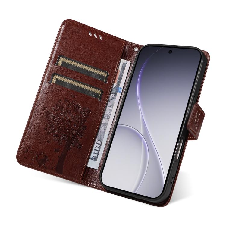 For OPPO Reno15 Pro 5G Global Tree & Cat Embossed Pattern Flip Leather Phone Case