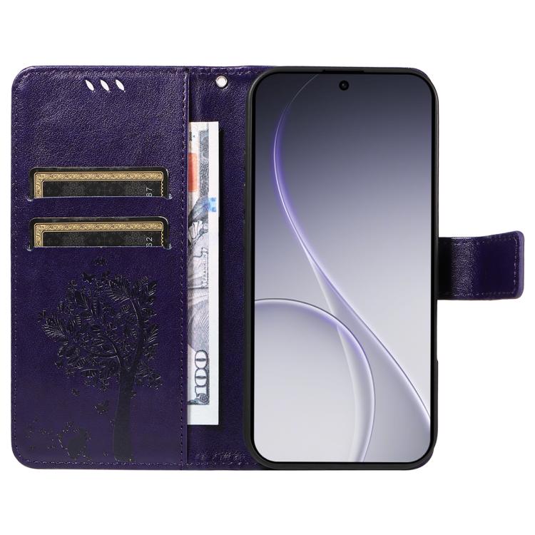 For OPPO Reno15 Pro 5G Global Tree & Cat Embossed Pattern Flip Leather Phone Case