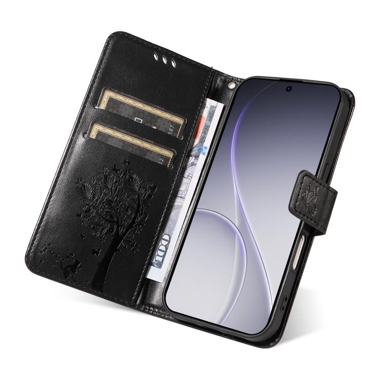 For OPPO Reno15 Pro 5G Global Tree & Cat Embossed Pattern Flip Leather Phone Case