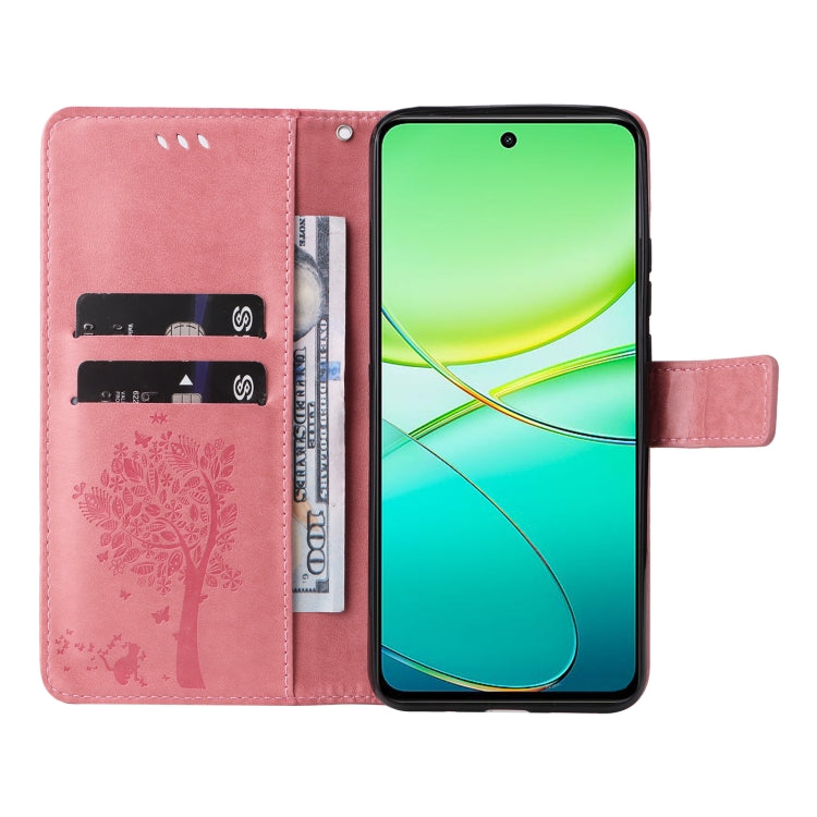 For vivo Y38 / Y200i / T3x Global Tree & Cat Embossed Pattern Flip Leather Phone Case