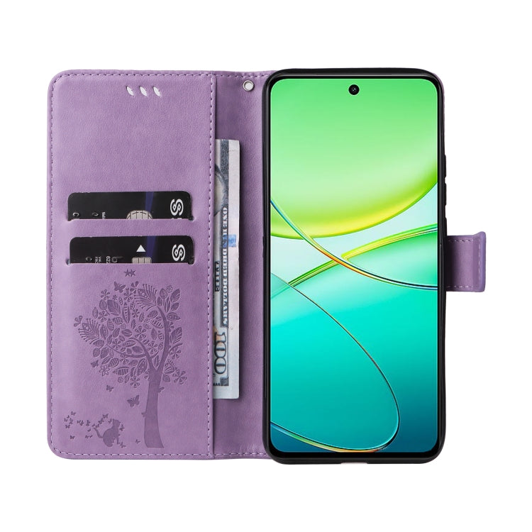 For vivo Y38 / Y200i / T3x Global Tree & Cat Embossed Pattern Flip Leather Phone Case