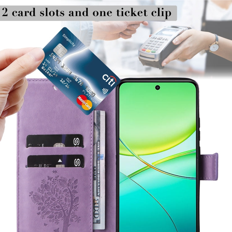 For vivo Y38 / Y200i / T3x Global Tree & Cat Embossed Pattern Flip Leather Phone Case