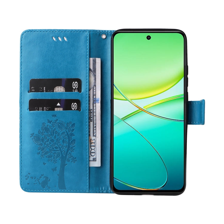 For vivo Y38 / Y200i / T3x Global Tree & Cat Embossed Pattern Flip Leather Phone Case