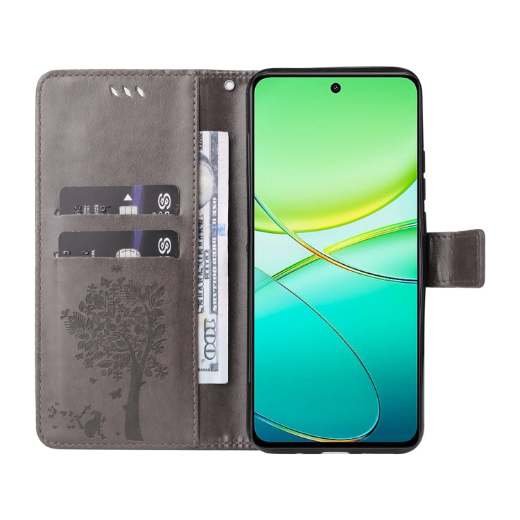 For vivo Y38 / Y200i / T3x Global Tree & Cat Embossed Pattern Flip Leather Phone Case