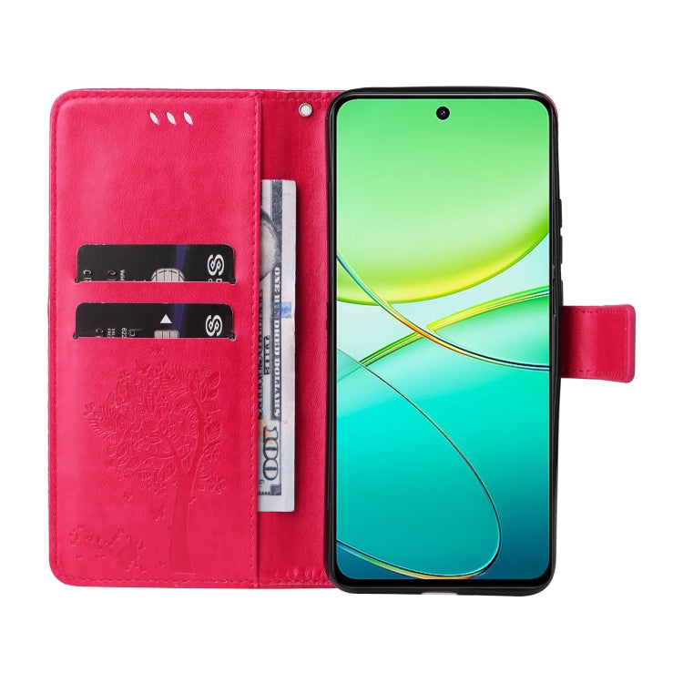 For vivo Y38 / Y200i / T3x Global Tree & Cat Embossed Pattern Flip Leather Phone Case