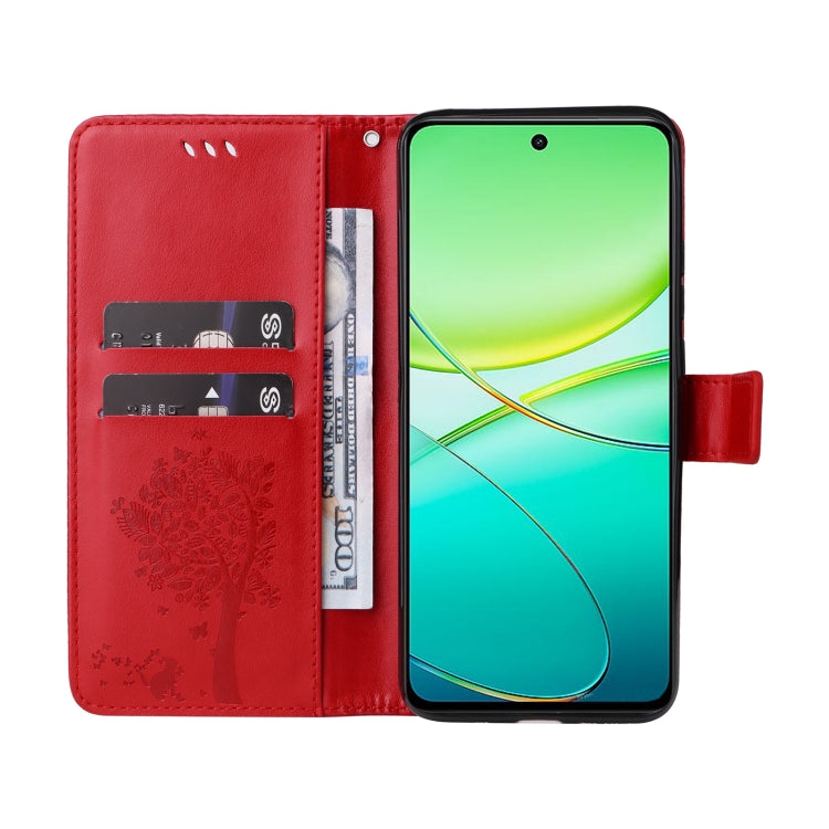 For vivo Y38 / Y200i / T3x Global Tree & Cat Embossed Pattern Flip Leather Phone Case