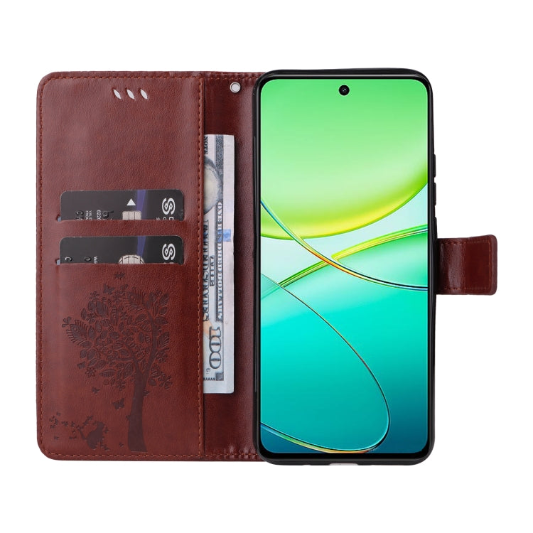 For vivo Y38 / Y200i / T3x Global Tree & Cat Embossed Pattern Flip Leather Phone Case