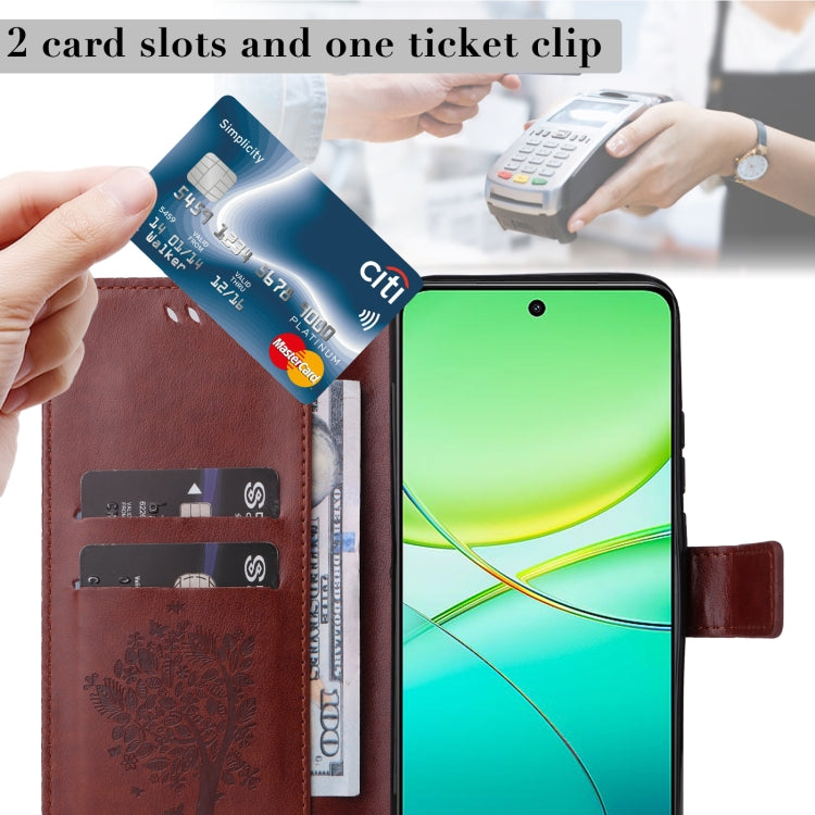 For vivo Y38 / Y200i / T3x Global Tree & Cat Embossed Pattern Flip Leather Phone Case