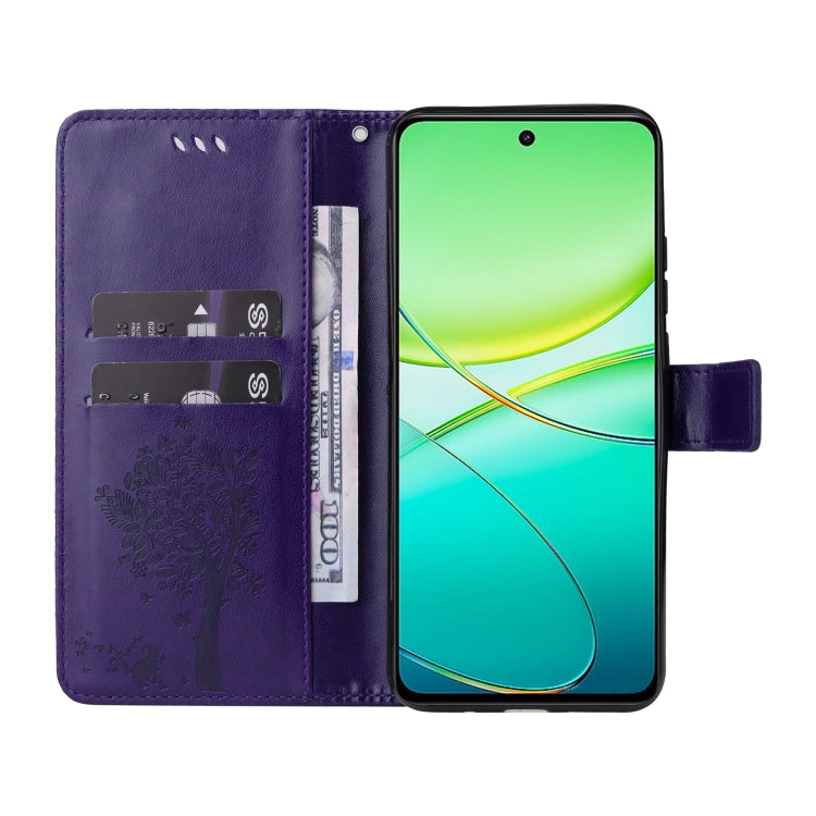 For vivo Y38 / Y200i / T3x Global Tree & Cat Embossed Pattern Flip Leather Phone Case