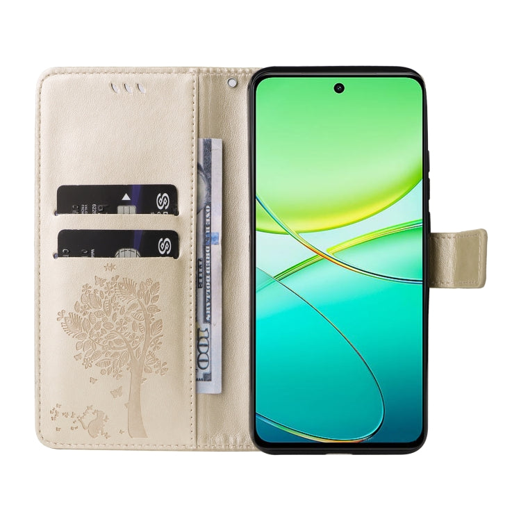 For vivo Y38 / Y200i / T3x Global Tree & Cat Embossed Pattern Flip Leather Phone Case