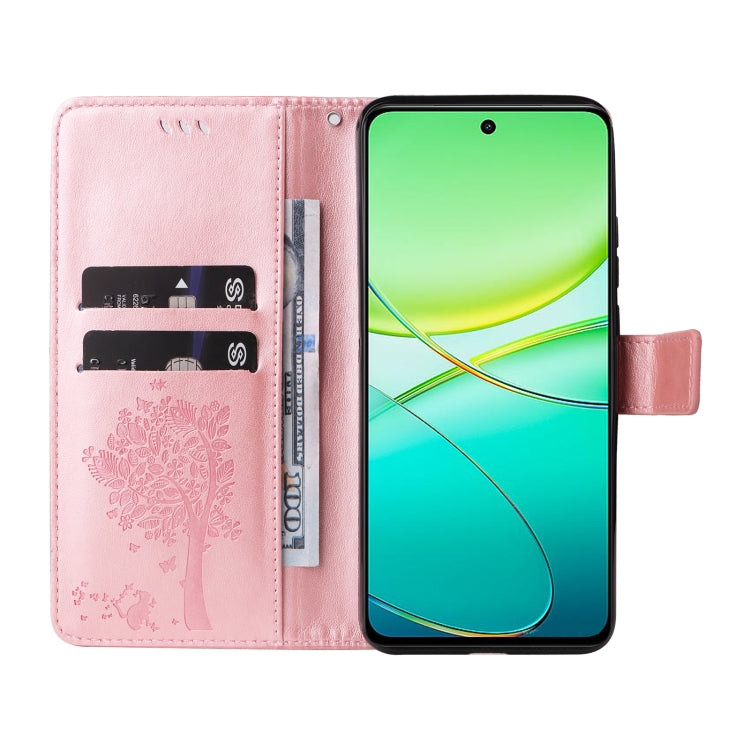 For vivo Y38 / Y200i / T3x Global Tree & Cat Embossed Pattern Flip Leather Phone Case