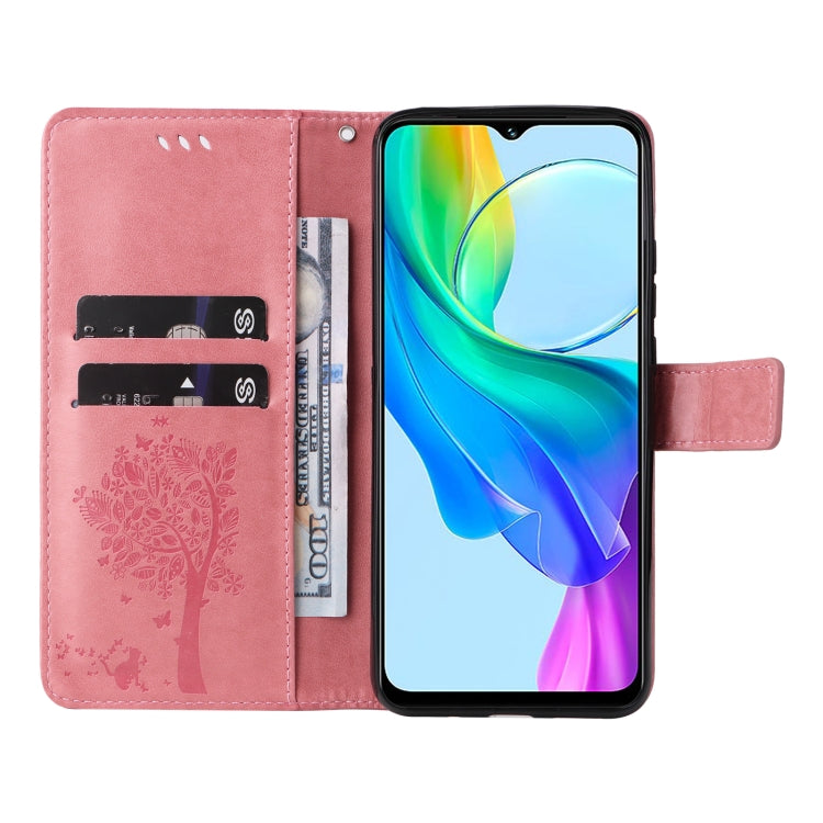 For vivo Y03 Tree & Cat Embossed Pattern Flip Leather Phone Case