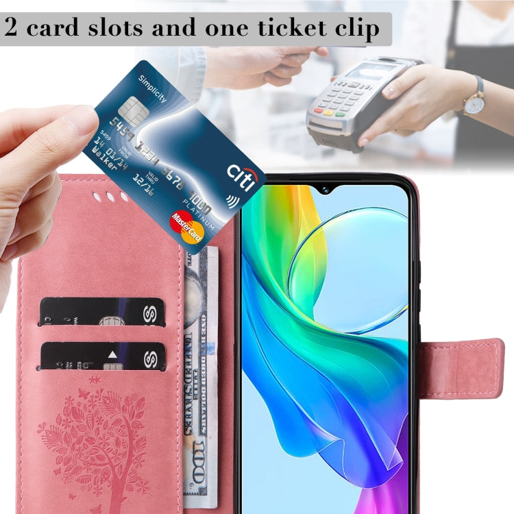 For vivo Y03 Tree & Cat Embossed Pattern Flip Leather Phone Case