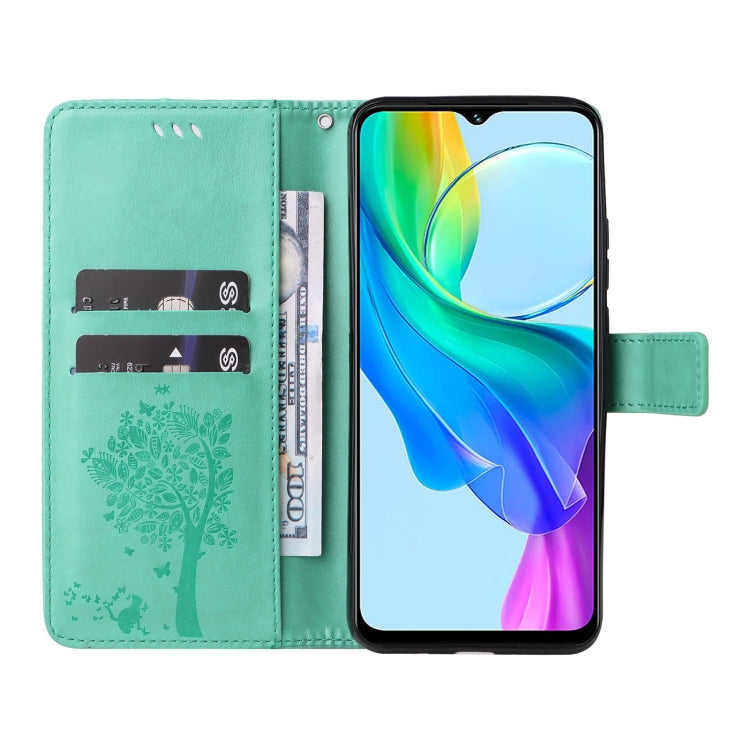 For vivo Y03 Tree & Cat Embossed Pattern Flip Leather Phone Case