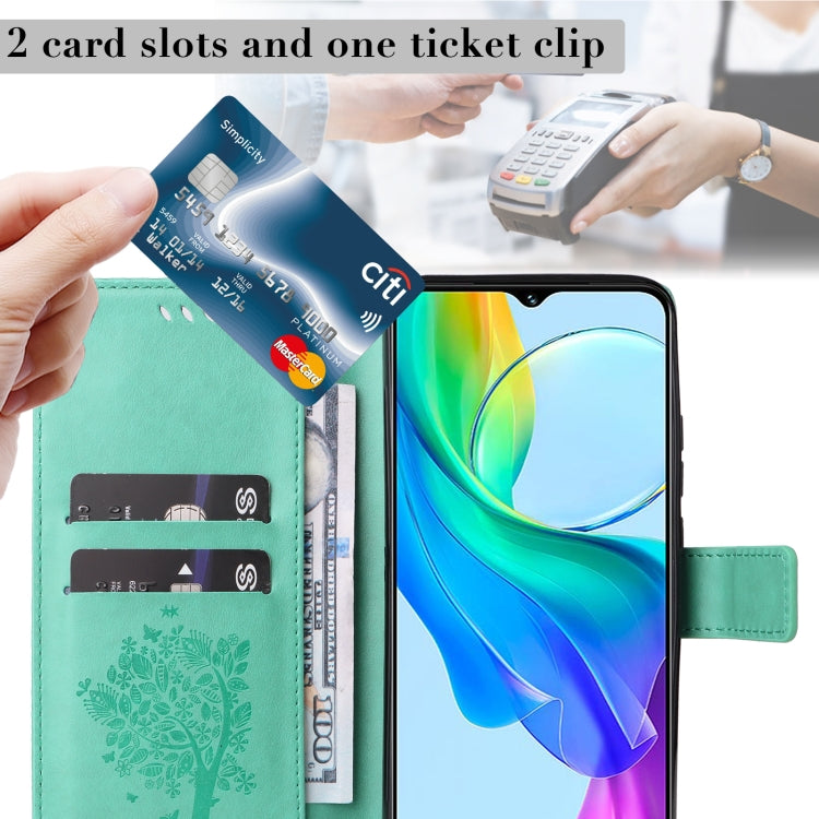 For vivo Y03 Tree & Cat Embossed Pattern Flip Leather Phone Case