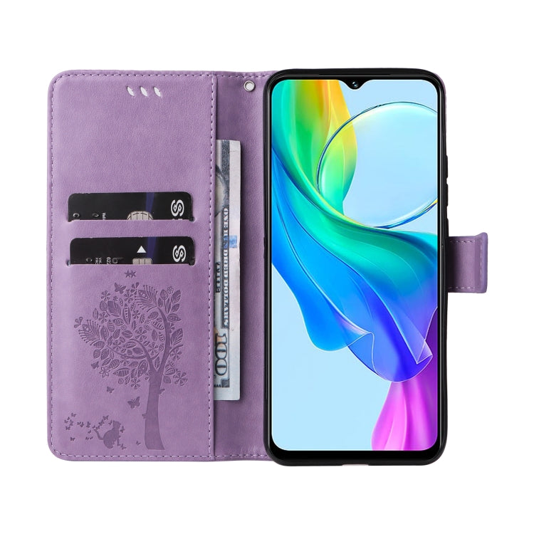 For vivo Y03 Tree & Cat Embossed Pattern Flip Leather Phone Case