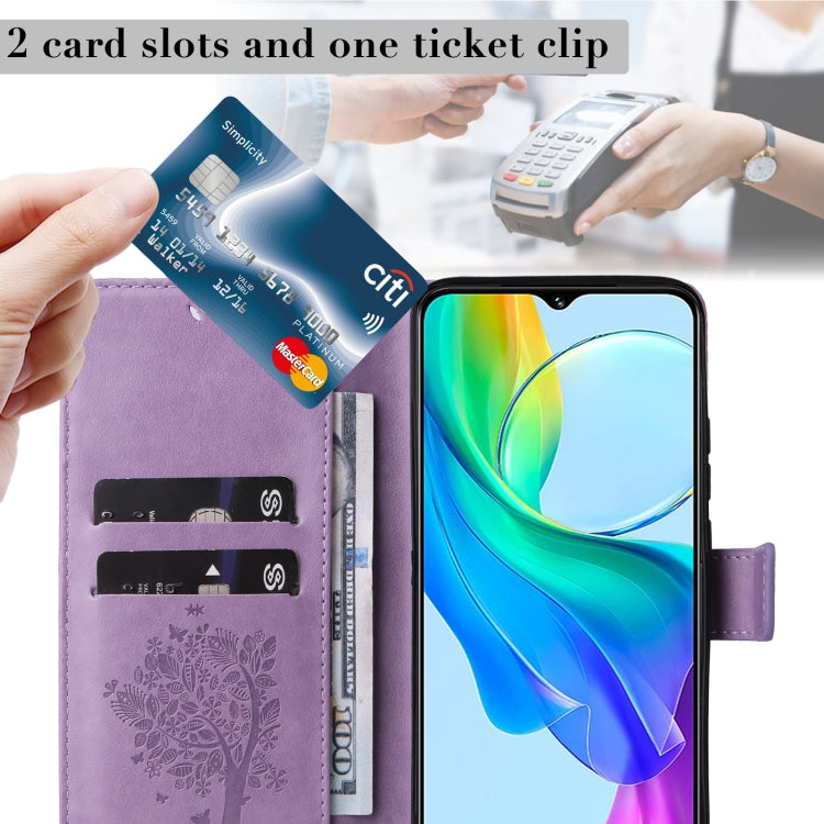 For vivo Y03 Tree & Cat Embossed Pattern Flip Leather Phone Case