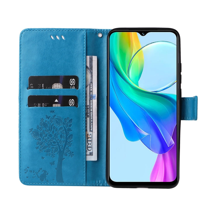For vivo Y03 Tree & Cat Embossed Pattern Flip Leather Phone Case
