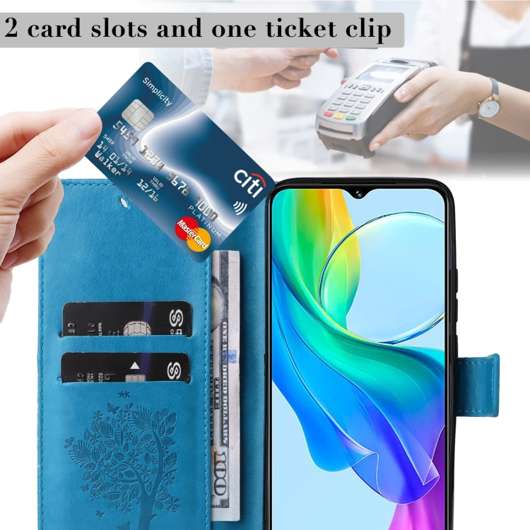 For vivo Y03 Tree & Cat Embossed Pattern Flip Leather Phone Case