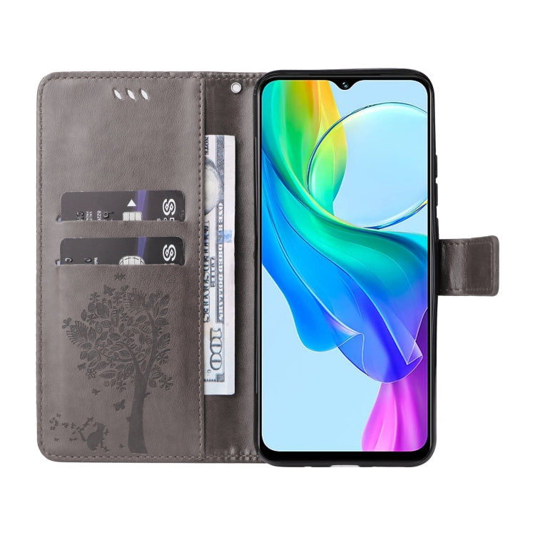For vivo Y03 Tree & Cat Embossed Pattern Flip Leather Phone Case