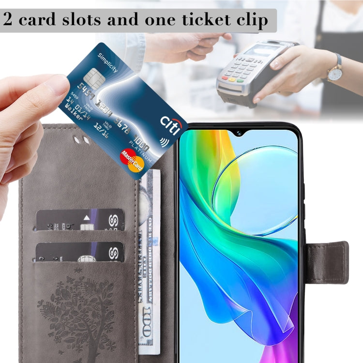 For vivo Y03 Tree & Cat Embossed Pattern Flip Leather Phone Case