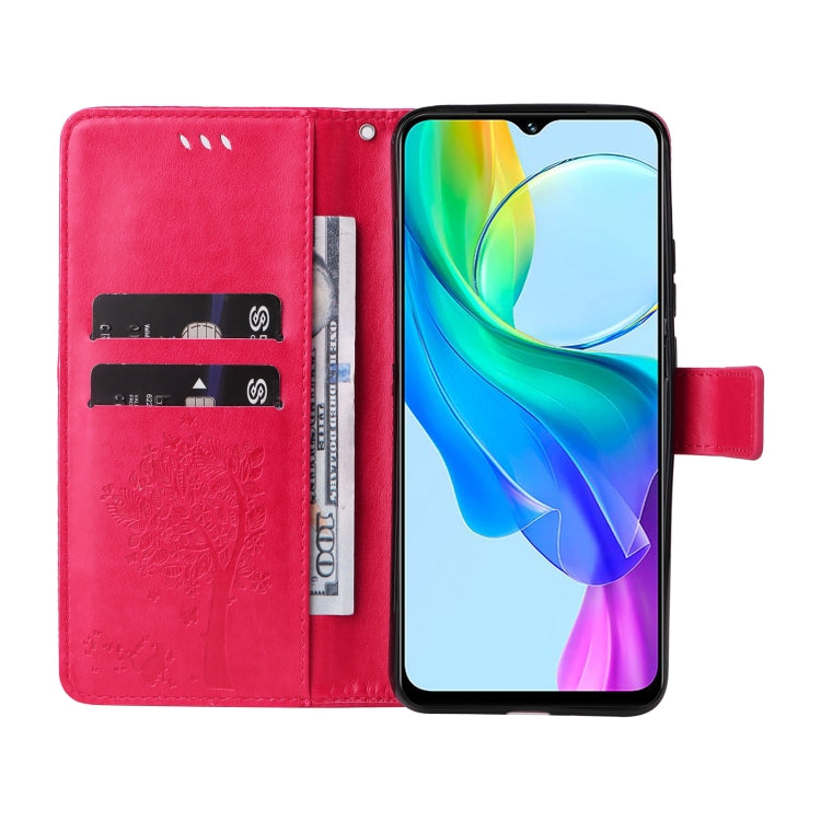 For vivo Y03 Tree & Cat Embossed Pattern Flip Leather Phone Case