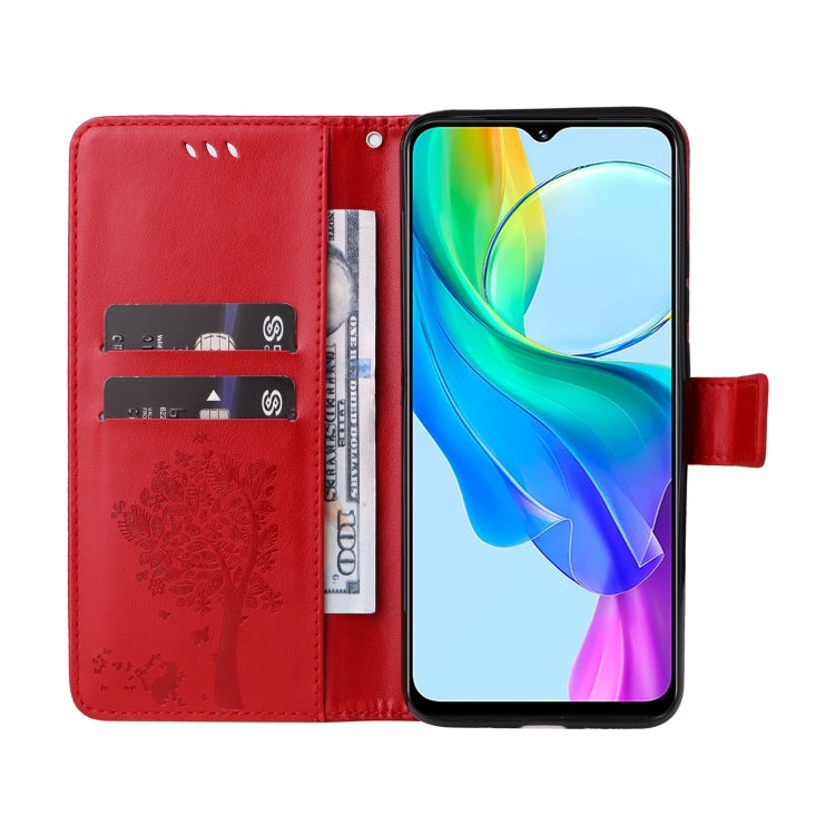 For vivo Y03 Tree & Cat Embossed Pattern Flip Leather Phone Case