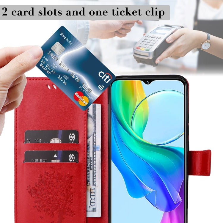 For vivo Y03 Tree & Cat Embossed Pattern Flip Leather Phone Case